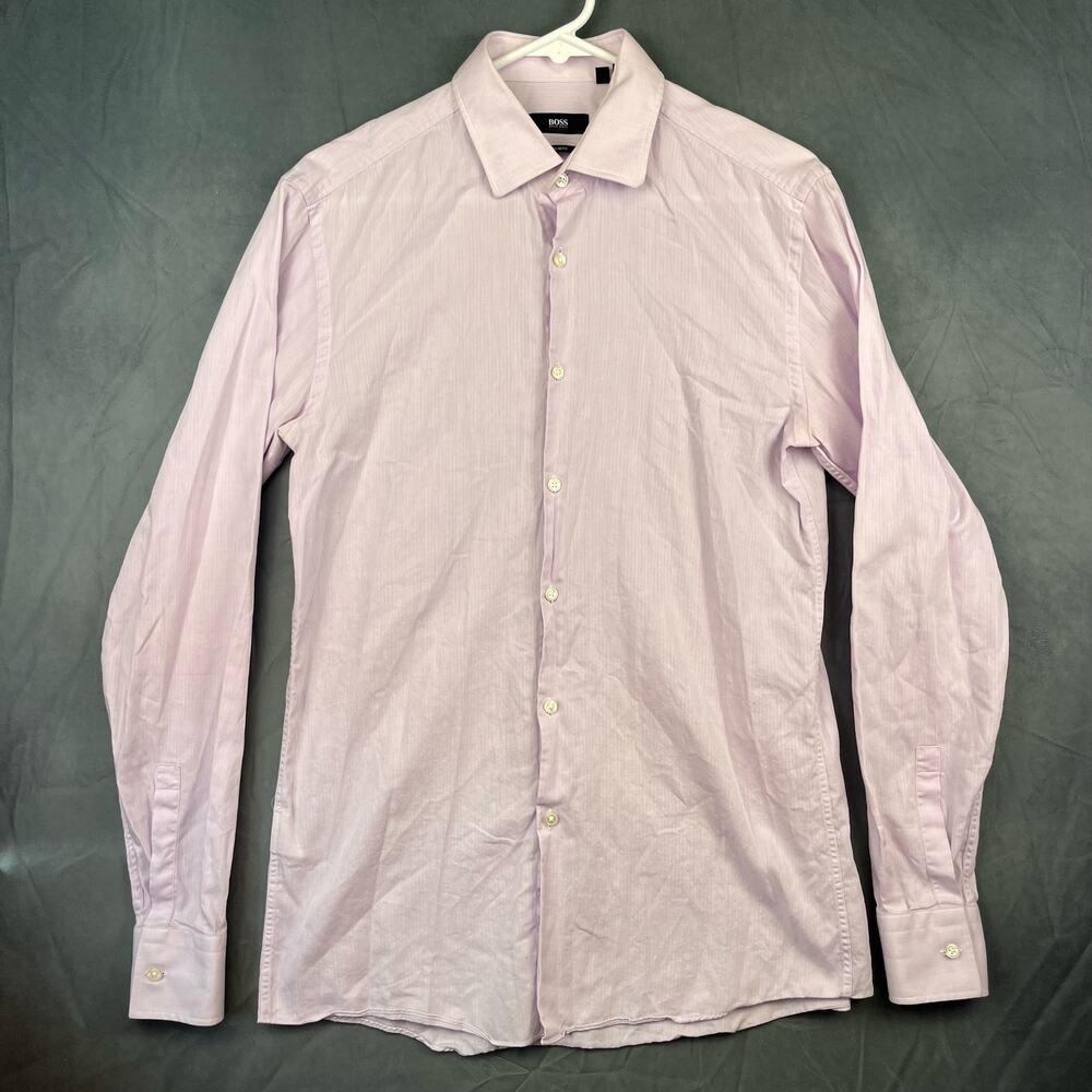 Hugo Boss Dress Shirt Slim Fit Pastel Lavender Cotton Preppy Mens 15.5-34 / 35